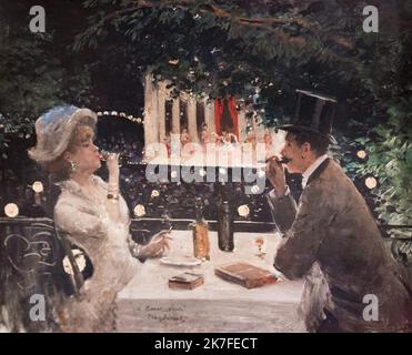 ©Active Museu/MAXPPP - ActiveMuseum 0006709.jpg / Diner aux Ambassadeurs Le celebre Cafe-concert occupait un des pavillons eleves par Hittorff aux Champs-Elysees en 1841. Il est aujourd'hui replace par le Theatre des Ambassadeurs, actuel Espace Cardin. 1882 - / Jean Beraud / Peinture Active Museum / Le Pictorium ? Haut de forme ? ,Buch ,Zigarre ,Zigarette ,Kaffee ,Konzert ,Abendessen ,Glas ,Horizontal ,Musikshow ,Nacht ,sitzende Frauen ,sitzender Mann ,Tisch ,Baum ,weißes Kleid ,Europa ,Frankreich ,Ile-de-France (Region) ,Paris ,Paris 8. (8. Arrondissement von Paris) ,Theater der Botschafter ,westliche EU Stockfoto