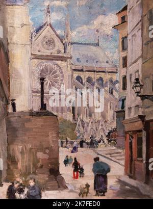 ©Active Museu/MAXPPP - ActiveMuseum 0006720.jpg / Notre-Dame vue de la rue de l'Hotel Colbert / Emile Guillier / Peinture Active Museum / Le Pictorium Blue Sky ,Gebäude () ,Tag () ,Hund ,Menschen ,Straße ,Vertikal ,Europa ,Frankreich ,Ile de la Cite (paris) ,Ile-de-France (Region) ,Notre Dame de Paris ,Paris 1. Bezirk (1. Arrondissement von Paris) ,Paris 4. (4. Arrondissement von Paris) ,Westeuropa ,19. Jahrhundert ,Emile Guillier ,Malerei , Stockfoto