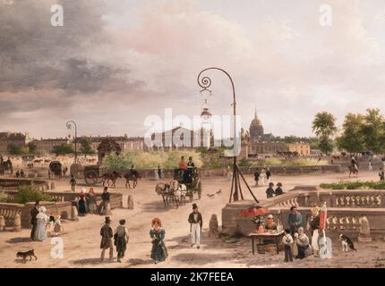 ©Active Museu/MAXPPP - ActiveMuseum 0006757.jpg / La Place Louis XVI (actuelle Place de la Concorde) 1829 - / Giuseppe Canella / Peinture Active Museum / Le Pictorium Gebäude (), wolkiger Himmel, Menschenmenge, Hunde, Kuppel, Abend, Horizontal, Pferdekutsche, Pferde, Landschaft, Weitschuss, Männer, Menschen, Platz, Straßenverkäufer, Straßenbeleuchtung, Sonnenschirm, Baum, Spaziergang, Frauen, 1TermeCandGEO, Place de la Concorde, 19. Jahrhundert, Giuseppe Canella, Malerei, Stockfoto