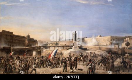 ©Active Museu/MAXPPP - ActiveMuseum 0006761.jpg / Combat sur le Pont-Neuf et Pry du Louvre, le 29 juillet 1830 / Ecole Francaise du XIXeme siecle / Peinture Active Museum / Le Pictorium Bombardierung, Brücke, Gebäude (), Katze, Menschenmenge, Hund, Abend, Kampf, Flagge Frankreichs, Horizontal, Pferde, Louvre Palast, Soldat, Dämmerung Himmel, Waffen, Europa, Frankreich, Ile-de-France (Region), Paris, Paris 1. Bezirk (1. Arrondissement von Paris) ,Pont Neuf (paris) ,Westeuropa ,19. Jahrhundert ,Französische Schule des 19. Jahrhunderts ,Malerei , Stockfoto