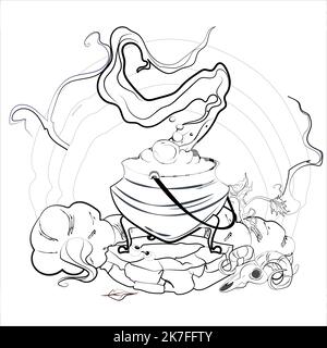 Trick or Treat Malseite. Halloween Malvorlagen für Kinder. Cartoon Kinder in Halloween Kostümen. Vektorgrafik Stock Vektor