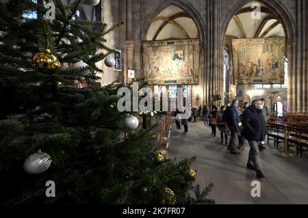 ©PHOTOPQR/L'EST REPUBLICAIN/ALEXANDRE MARCHI ; STRASBOURG ; 26/11/2021 ; CROYANCE - RELIGION CHRETIENNE - TRADITION - EGLISE CATHOLIQUE - DECORATION DE NOEL. Straßburg 26 novembre 2021. Décoration de Noël avec du sapin dans la cathédrale Notre-Dame de Strasbourg. FOTO Alexandre MARCHI. - Kathedrale von Straßburg Nov 26 2021 Stockfoto