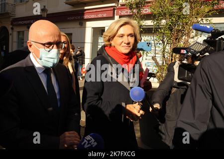 ©Francois Glories/MAXPPP - die Kandidatin von Les Républicains Valérie Pécresse beim Mittagessen in Nizza im Restaurant 'la petite Maison' mit Éric Ciotti (besiegte Kandidatin in der zweiten Runde der republikanischen Vorwahlen). Frankreich Nizza. Dezember 06 2021. Stockfoto