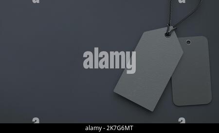 Black Friday Banner Hintergrundvorlage mit zwei dunklen Tags und Platz zum Kopieren in Flat Lay 3D Rendering. Werberabatt und Online-Shopping Stockfoto