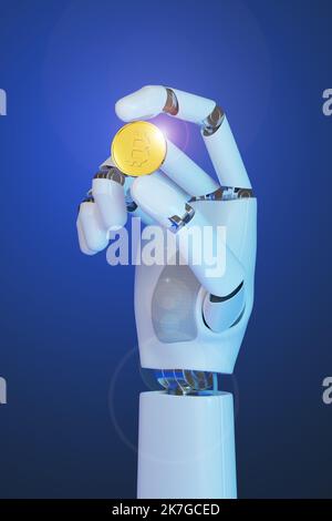 Roboterhand mit Bitcoin auf blauem Hintergrund. 3D Abbildung. Stockfoto