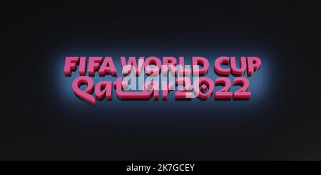 Buenos Aires, Argentinien - 6.. Oktober 2022: FIFA Fußball-Weltmeisterschaft Katar 2022 in dreidimensionalem Text isoliert auf dunklem Hintergrund. 3D Abbildung. Stockfoto