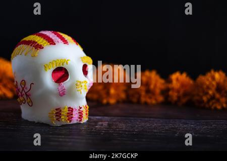 Mexikanischer Zuckerschädel traditionell für den Tag der Toten in Mexiko Stockfoto
