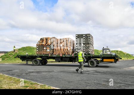 ©PHOTOPQR/BERRY REPUBLICAIN/Pierrick DELOBELLE ; ; 03/03/2022 ; Chargement à Avord de dix Tons de munition dans un avion militaire Airbus A400M à Destination des soldats français à Constanta sur la base aérienne avancée de l'Otan en Roumanie, le 03-03-22 sur la base aérienne 702 d'Avord Avord, Frankreich, märz 3. 2022 Verladung von zehn Tonnen Munitionsmenge in einem Airbus A400M-Militärflugzeug, das am 03-03-22 auf dem Luftwaffenstützpunkt 702 von Avord nach französischen Soldaten in Constanta auf dem vorderen Luftwaffenstützpunkt der NATO in Rumänien abflog Stockfoto