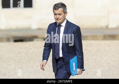 ©Sebastien Muylaert/MAXPPP - Paris 09/03/2022 Frankreichs Innenminister Gerald Darmanin kommt zu einem Arbeitsessen mit dem französischen Präsidenten und dem niederländischen Premierminister über die russische Invasion in der Ukraine im Elysée-Palast in Paris. 09.03.2022 Stockfoto