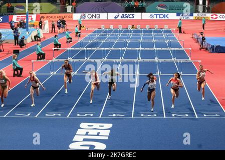 ©STADION-ACTU/STADION ACTU/MAXPPP - 19/03/2022 ; - ATHLETISME 19 mars 2022 Championnats du monde en salle indoor Belgrade Cyrena SAMBA MAYELA Ditaji KAMBUNDJI Lai Yiu Lui Mathilde HELTBECH Megan MARRS Sarah LAVIN Sidonie FIADAANTSOA Teresa ERRANDONEA 60 m haies Stockfoto