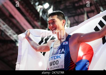 ©STADION-ACTU/STADION ACTU/MAXPPP - 20/03/2022 ; - ATHLETISME Dimanche 20 mars 2022 Championnats du Monde Athletisme en Salle Belgrade Sanghyeok WOO High Jump BELGRADE LEICHTATHLETIK WELT INDOOR Stockfoto