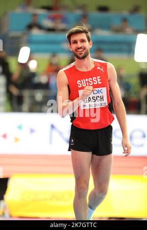 ©STADION-ACTU/STADION ACTU/MAXPPP - 20/03/2022 ; - ATHLETISME Dimanche 20 mars 2022 Championnats du Monde Athletisme en Salle Belgrade Loic GASCH High Jump BELGRADE LEICHTATHLETIK WELT INDOOR Stockfoto