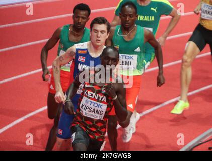 ©Laurent Lairys/MAXPPP - Abel KIPSANG aus Kenia , Jakob INGEBRIGTSEN aus Norwegen , Samuel TEFERA , Teddese LEMI aus Äthiopien Finale 1500 M Männer während der Leichtathletik-Hallenweltmeisterschaften 2022 am 20. März 2022 in der stark Arena in Belgrad, Serbien - Foto Laurent Lairys / Stockfoto