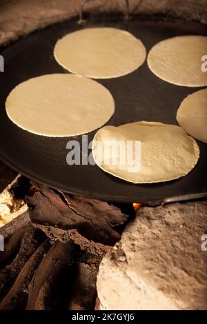 Handgemachte Maistortillas, die in einem traditionellen rustikalen Holzofen namens „fogon“ gekocht werden, eine Art von Kochen, die in ländlichen Gemeinden in Mexiko und anderen Ländern üblich ist Stockfoto