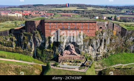 ©PHOTOPQR/L'EST REPUBLICAIN/Michael DESPREZ ; Belfort ; 04/04/2022 ; Belfort 04-04-2022. La Citadelle et le Lion de Belfort, Monument, Photo d'Illustration, illuest. Foto Michaël Desprez - der Löwe von Belfort, in Belfort, Frankreich, ist eine monumentale Skulptur von Frédéric Auguste Bartholdi, dem Bildhauer der Freiheitsstatue 4. April 2022 Stockfoto