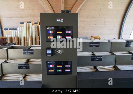 ©Manuel Blondau/AOP Press/MAXPPP - 05/04/2022 Lourdes Illustration cierges et chapelle des lumieres, le 5 Avril 2022 au Sanctuaire Notre-Dame a Lourdes, France. - Lourdes, Frankreich, april 6. 2022 große und riesige Kerzen in der Kapelle der Lichter Stockfoto