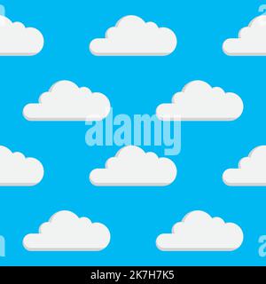 Cartoon Wolken schweben in einem blauen Himmel. Nahtlose, sich wiederholende Vektormuster-Textur von Wolken vor einem klaren, sonnigen blauen Himmel. Stock Vektor