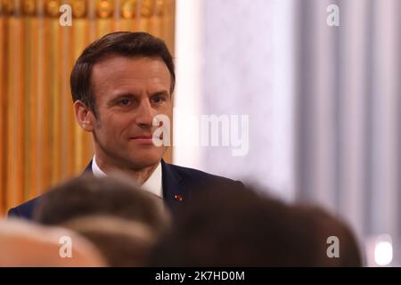 ©PHOTOPQR/LE PARISIEN/Fred Dugit ; Paris ; 07/05/2022 ; politische Paris VIIie, le 7 Mai 2022 Cérémonie d’investiture du Président Emmanuel Macron au palais de l'Elysée . Photo LP / Fred Dugit Eröffnungszeremonie von Präsident Emmanuel Macron im Elysée-Palast für seine zweite Amtszeit Stockfoto