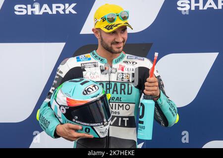 ©PHOTOPQR/OUEST FRANKREICH/Daniel FOURAY ; Paris ; 14/05/2022 ; Motocyclisme . Vitesse . Championnat du Monde . Grand prix de France Moto . L'Italien Dennis Foggia prendra le départ en Pole Position du Grand prix catégorie Moto3 . 07 . Dennis Foggia . Leopardenrennen . Honda Italie Foto Daniel Fouray . Stockfoto