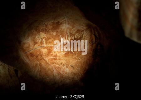 ©PHOTOPQR/LA PROVENCE/VALERIE VREL ; Marseille ; 04/06/2022 ; Ouverture officielle de Cosquer Méditerranée, en ce 4/06/2022, le public est au rendez-vous pour la visite de la réplique de la Grotte COSQUER, grotte datant d'environon 30000 ans découverte par Henri, plongeur, qui l'foa vue is en 1985 pour la première. Une grotte où l'Art pariétal est superbement représenté : chevaux, pinguouins, tigres... ICI les premers visiteurs, ravis de leur expérience. - Marseille, Frankreich, juni 4. 2022 Cosquer Méditerranée ist die Nachbildung der Grotte Cosquer, einer prähistorischen Höhle in den Bächen von Mar Stockfoto