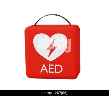 3D rote Box mit einem tragbaren Herzdefibrillator AED, isoliert auf weißem Hintergrund. Stockfoto