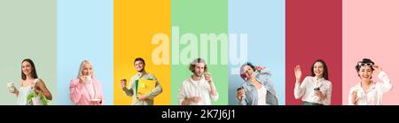 Gruppe von verschiedenen Menschen mit Tassen Kaffee auf farbigem Hintergrund Stockfoto