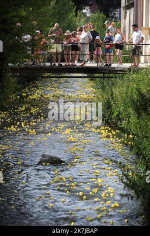 ©PHOTOPQR/VOIX DU Nord/PIERRE ROUANET ; 18/06/2022 ; Le Cateau Cambresis, le 18/06/2022. Course de canards en plastique sur la Selle, au Cateau Cambresis. L’Association Les Ch’tis Coureurs, qui lache 10 000 canards en plastique jaune, souhaite recoulter des fonds pour les personnes atteintes d’un Cancer. FOTO PIERRE ROUANET LA VOIX DU Nord Le Cateau Cambresis, 06/18/2022. Gummiente Rennen auf der Selle, bei Cateau Cambresis. Der Verein Les Ch’tis Coureurs, der 10.000 gelbe Plastikenten abwirft, will Mittel für krebskranke Menschen sammeln Stockfoto