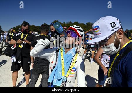 ©PHOTOPQR/L'EST REPUBLICAIN/ALEXANDRE MARCHI ; PLANCHER LES MINES ; 08/07/2022 ; SPORT - CYCLISME - TOUR DE FRANCE 2022 - 109 EME EDITION - TDF - 7 EME ETAPE - TOMBLAINE - LA SUPER PLANCHE DES BELLES FILLES - ARRIVEE. Plancher les Mines 8 juillet 2022. Alexis VUILLERMOZ au sommment de la Super Planche des Belles Filles. FOTO Alexandre MARCHI. Die Ausgabe 109. des Radrennens der Tour de France findet vom 01. Bis 24. Juli 2022 statt Stockfoto