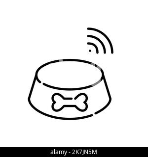 Futterschüssel sendet ein Signal an das Smart-Home-System. Pixel Perfect, bearbeitbares Kontursymbol Stock Vektor
