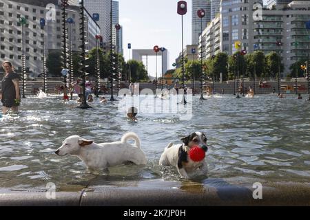 ©PHOTOPQR/LE PARISIEN/olivier corsan ; La-Defense ; 13/07/2022 ; La Défense, 92 Frankreich, le 13 Juillet 2022. Danle bassin Takis au bout de l'Esplanade de la Défense des Franciliens se raffraichissent alors que les températures sont très élevées et que la France connait un épisode de canicule. Les animaux et les enfants souffrent particulièrement de la chaleur. Foto : LP / Olivier Corsan Hitzewelle in Paris am 13. Juli 2022 Stockfoto