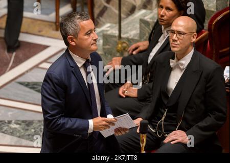 ©Julien Mattia / Le Pictorium/MAXPPP - Paris 20/07/2022 Julien Mattia / Le Pictorium - 20/7/2022 - Frankreich / Ile-de-France / Paris - Gerald Darmanin, Minimre de l'Interieur et des Outre-mer lors des Questions au Gouvernement du 19 Juillet 2022. / 20/7/2022 - Frankreich / Ile-de-France (Region) / Paris - Gerald Darmanin, Minister für Inneres und Überseefrankreich bei den Anfragen an die Regierung am 19. Juli 2022. Stockfoto