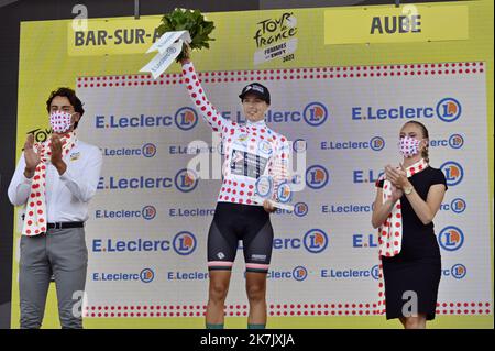 ©PHOTOPQR/L'EST REPUBLICAIN/ALEXANDRE MARCHI ; BAR SUR AUBE ; 27/07/2022 ; SPORT - CYCLISME - TOUR DE FRANKREICH FEMMES AVEC ZWIFT - 1 ERE EDITION - TDF FEMININ 2022 - ETAPE 4 - TROYES - BAR SUR AUBE - ARRIVEE. Bar-sur-Aube 27 juillet 2022. La néerlandaise Femke GERRITSE konservieren Sohn maillot à POIs de Meilleure Grimpeuse. FOTO Alexandre MARCHI. 4. Etappe der Neuauflage des Radrennens der Frauen-Tour de France, 126,8 km zwischen Troyes und Bar-sur-Aube, Ostfrankreich, am 27. Juli 2022. Stockfoto