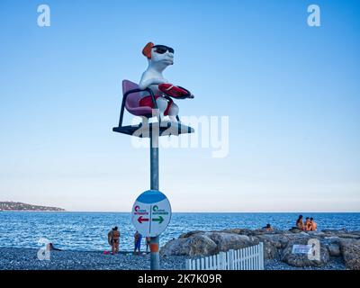 ©SERGE HAOUZI/MAXPPP - Nice en face de l hopital Lenval sur la Promenade des Anglais a Nice dans les Alpes Maritimes, les chiens dispoent d une Plage de 320 m pour se baigner et profiter en toute liberte. Les quatre pattes de tout poil ont le droit de gambader et s ebrouer a l envie apres un bon bain de mer . Elle est symboliquement delimitee par deux sculptures de Totor, un chien bien sur, souriant et farceur, Imagine par l artiste Stephane Bolongaro . Des robinets d Eau douce, des poubelles et des sacs a dejection equipent egalement les lieux. Nice le 07 Aout 2022 (Foto Serge Haouzi) Nizza Stockfoto