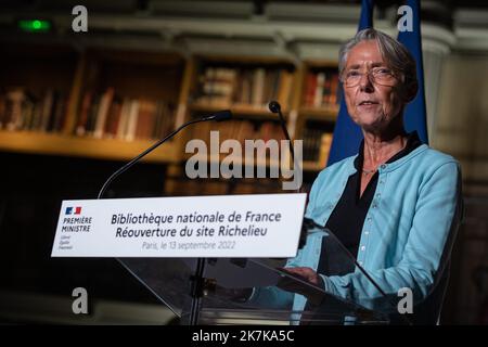 @ Pool/ Aurelien Morissard/Maxppp, Frankreich, paris, 2022/09/14 die französische Premierministerin Elisabeth hielt nach einem Besuch im Museum der neu renovierten Bibliotheque Nationale de France in Paris vor der Wiedereröffnung des Richelieu-Geländes der Bibliotheque nationale de France am 17. September Reden. 2022 nach mehr als zehn Jahren Renovierung Stockfoto