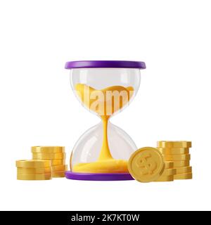 3D Sanduhr mit fallendem Sand und Goldmünzen rendern. Zeit ist Geld, Einkommen, Erfolg der Investitionsfinanzierung, Geduld, unternehmerische Kapitalerhöhung Konzept. Isolierte Illustration in Cartoon-Kunststoff-Stil Stockfoto