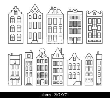 Satz von alten europäischen Häusern. Fassaden europäischer Altbauten im skandinavischen Stil. Holland Häuser. Vektordarstellung. Stock Vektor