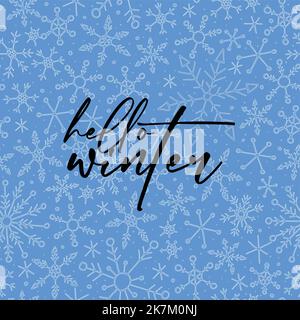 hallo Winter Typografie mit Schneeflocken. Stock Vektor