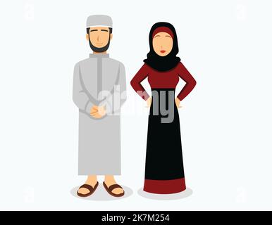 muslimische Paar trägt islamische Outfit Charakterillustration auf weißem isolierten Hintergrund Stock Vektor