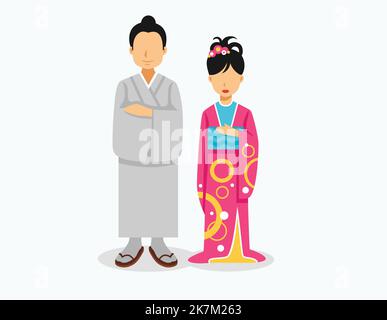 Chines, ein japanisches Paar, das traditionelle Outfit-Charakterillustration auf weißem, isoliertem Hintergrund trägt Stock Vektor