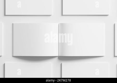 A4 Landscape Horizontal Magazine Broschüre 3D Rendering White Blank Mockup Stockfoto