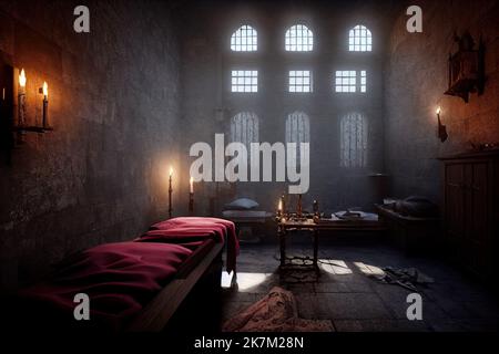 Dracula Schloss Zelle Innenraum mit Ketten von Kerzenständer, Schreibtisch und Bett. Ein siebenbürgisches Vampir-Gefängnis für Spiele Hintergrund. 3D Stockfoto