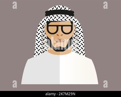 Cartoon Figur Illustration von Saudi-Arabien Mann trägt traditionelle Outfit, Kopfbekleidung, Brille, Kleidung Stock Vektor