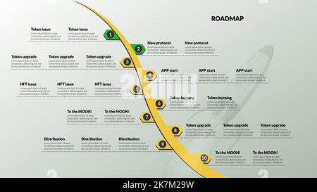 Roadmap mit Kopierraum auf gebogener gelber Linie und Space Shuttle auf grauem Hintergrund. Infografik – Zeitleiste für Geschäftspräsentation. Vektor-il Stock Vektor