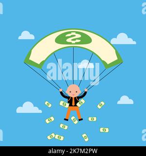Mann fliegt mit Dollarfallschirm und Geld fällt, fliegt aus seiner Tasche, mit Himmel und Wolken Vektor-Illustration Stock Vektor