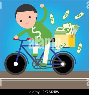 Ein Mann, der auf dem Fahrrad fährt, Geld fliegend aus seiner Schachtel mit Geld auf seiner Rückseite Stock Vektor