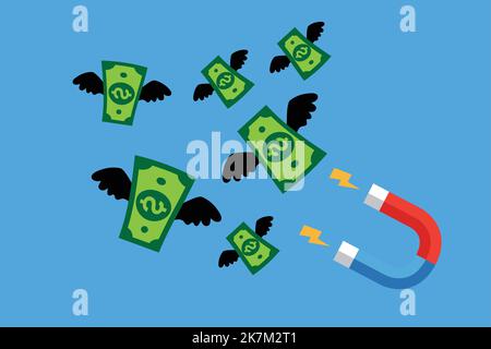 Ziehen Sie Geld-Dollar-Scheine mit einem großen Magneten Vektor-Illustration in flachem Design Stil Geld fliegen Stock Vektor