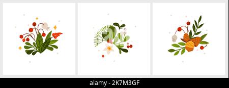 Handgezeichnete Vektor abstrakte Grafik Frohe Weihnachten und Happy New Year Clipart Illustrationen Grußkarte mit Blumen und Blättern.Frohe Weihnachten Stock Vektor