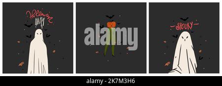 Handgezeichnete abstrakte Vektor Grafik Cliparts Illustrationen, Halloween Urlaub Kostüm Party Erwachsene Menschen Charaktere Sammlung Set.Gruseliges Halloween Stock Vektor