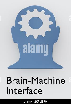 3D Abbildung eines Zahnrades in einer menschlichen Kopfsilhouette, betitelt als Brain-Machine Interface. Stockfoto