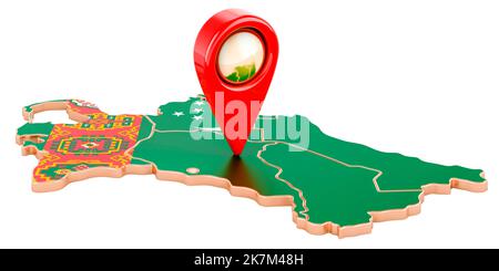 Kartenzeiger auf der Karte von Turkmenistan, 3D, isoliert auf weißem Hintergrund Stockfoto
